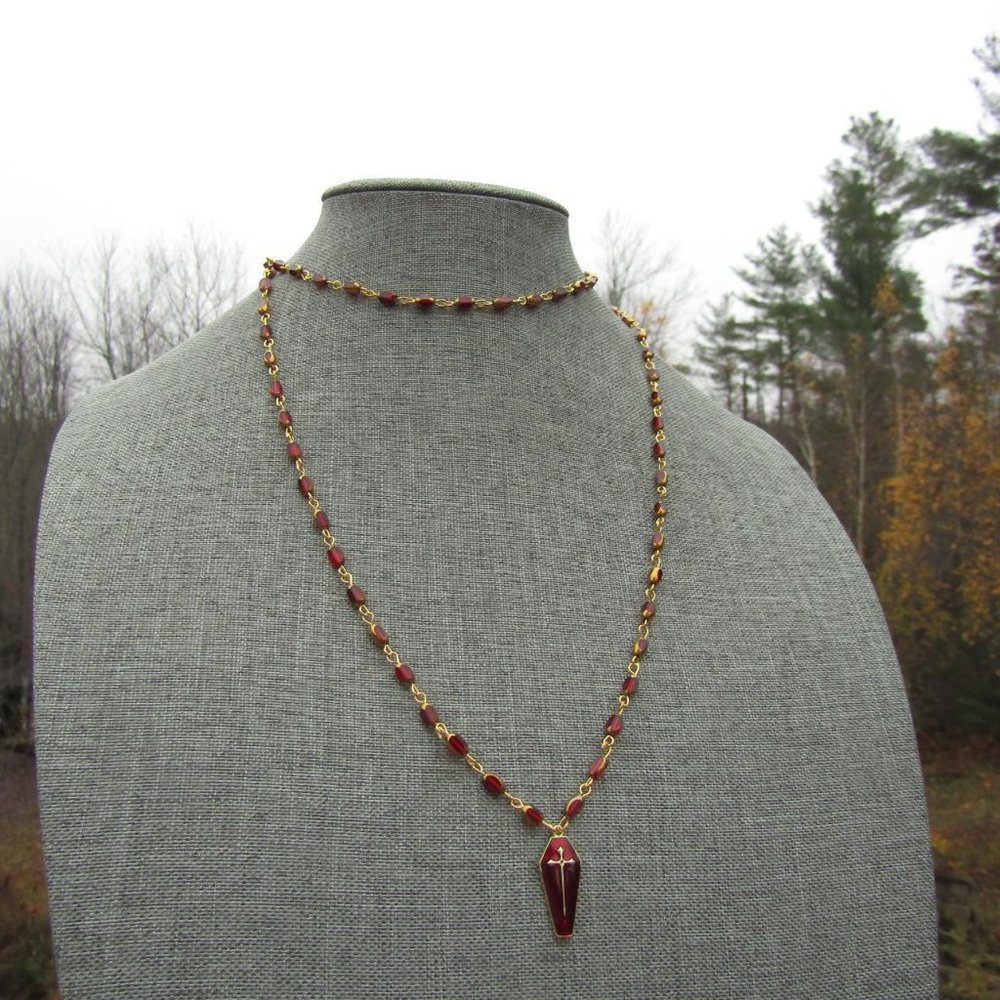 Vampire Princess Blood Red Beaded Rosary Inspired Coffin Necklace Goth Mallgoth